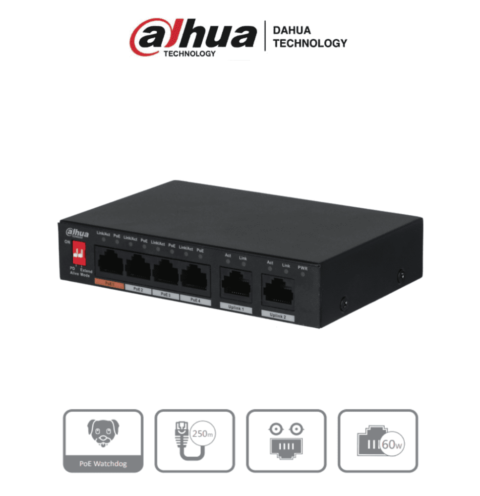 DAHUA DRD182001 DAHUA PFS3006-4ET-60 - Switch PoE de 6